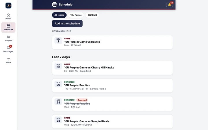 The Game Day Director app on a computer: the club schedule, with sample data