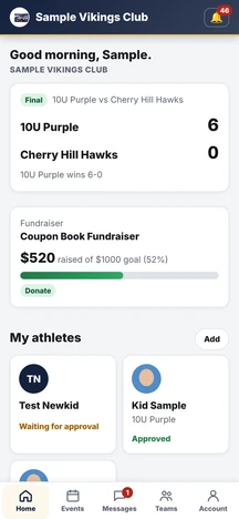 The app on a phone: a family's home screen with the latest score, a fundraiser and their athletes, with sample data