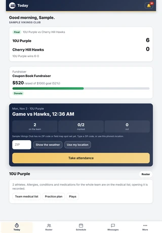 The app on a tablet: a coach's Today screen with the next game and attendance, with sample data