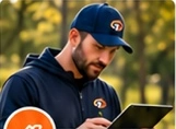 A coach in a team cap working on a tablet
