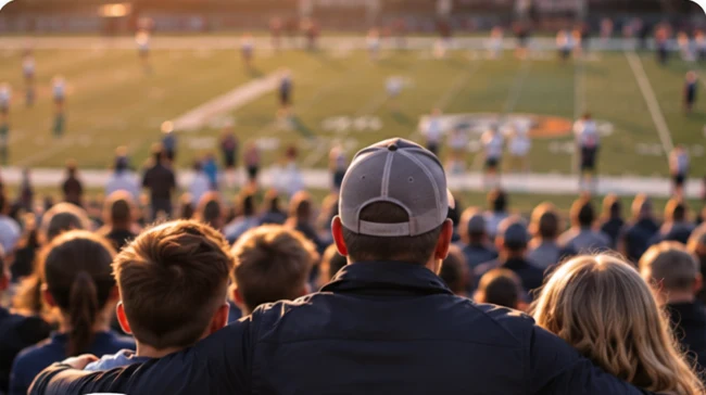 A crowd at a community field watching a youth football game